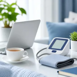 Heller Schreibtisch mit Laptop, Tasse und Blutdruckmessgerät