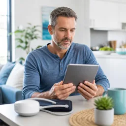 Erwachsene Person liest Gesundheitsinformationen auf einem Tablet neben einer Blutdruckmanschette