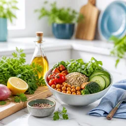 Frische Zutaten für eine herzgesunde Mahlzeit auf einer hellen Küchenfläche